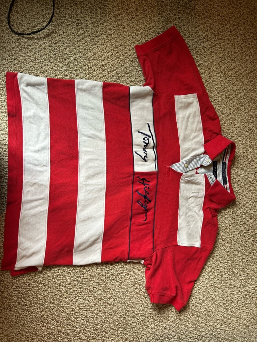 Tommy Hilfiger Red and White Striped Polo Shirt